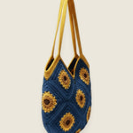 Sunflower bag — handmade organic cotton crochet bag by Ana Chic, styled view
