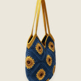 Sunflower bag — handmade organic cotton crochet bag by Ana Chic, styled view
