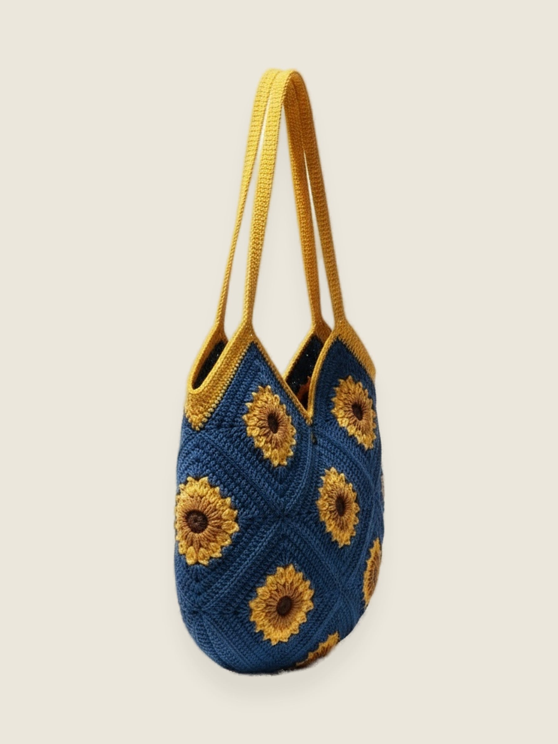 Sunflower bag — handmade organic cotton crochet bag by Ana Chic, styled view
