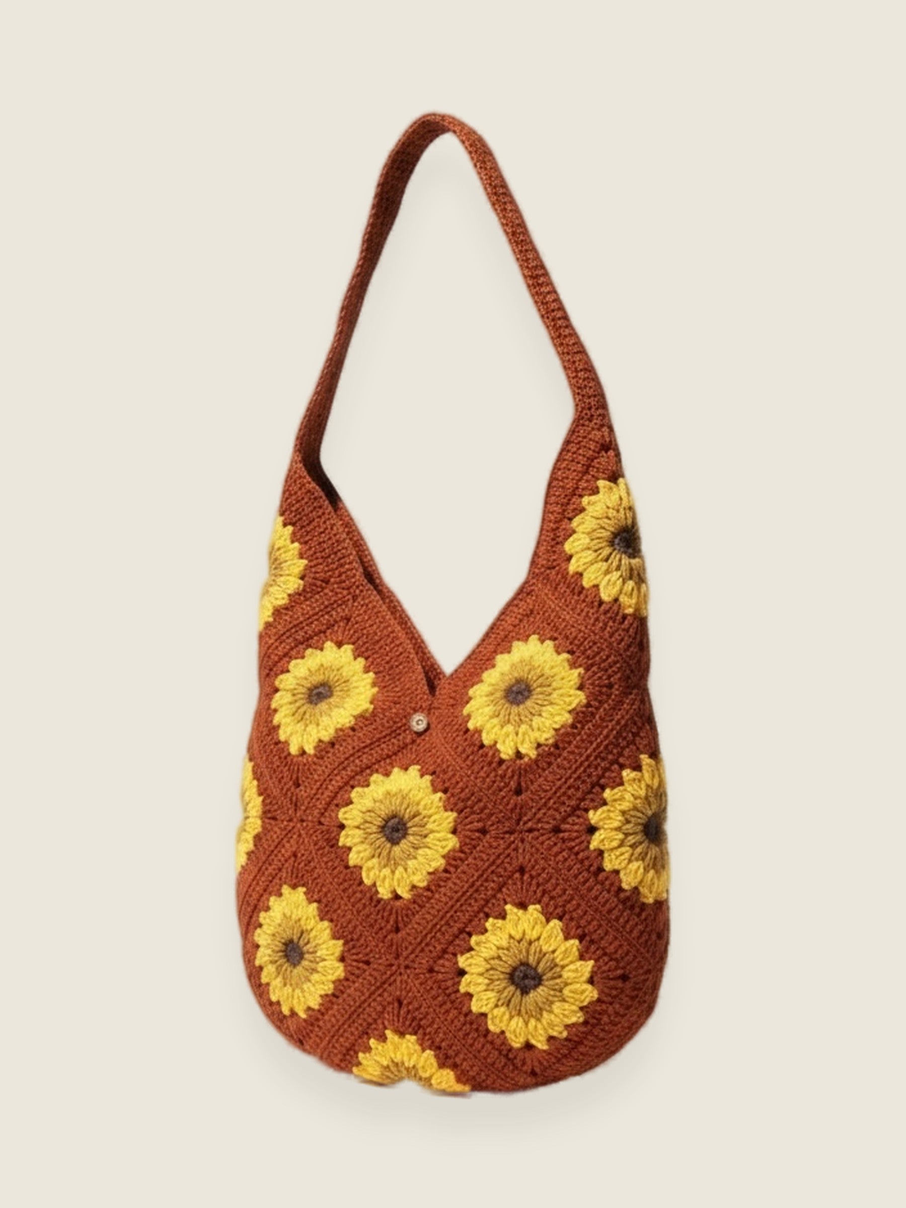 Sunflower bag — handmade organic cotton crochet bag by Ana Chic, styled view