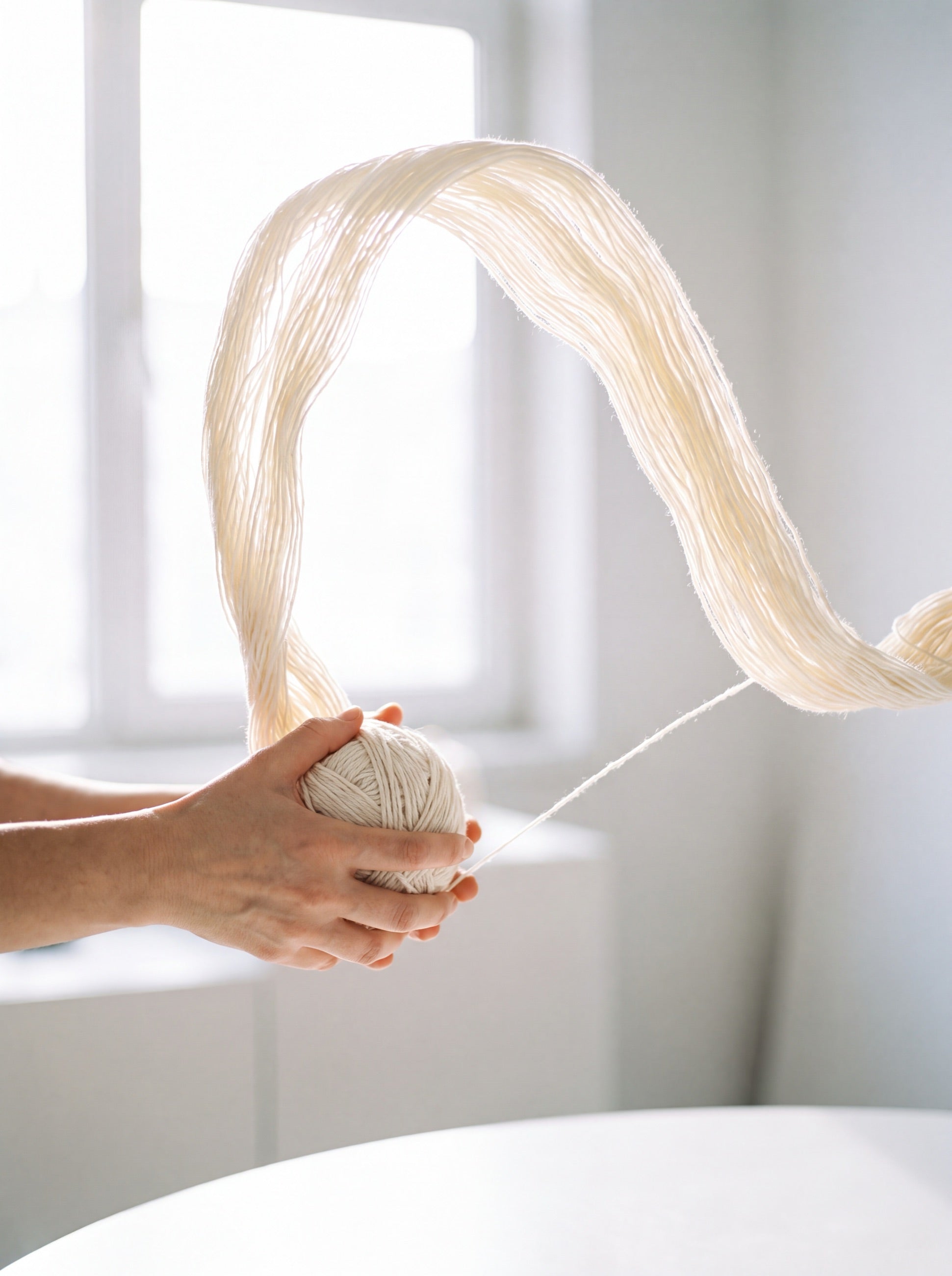 Hands winding a skein of cream organic cotton yarn by a bright window