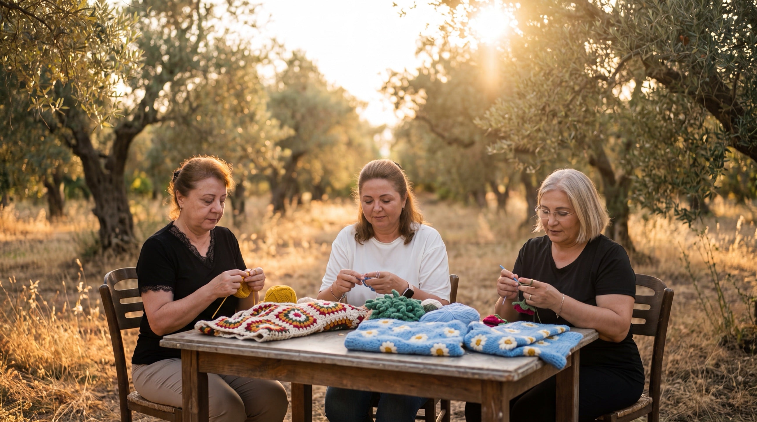 Three makers crocheting at a table in an olive orchard at golden hour