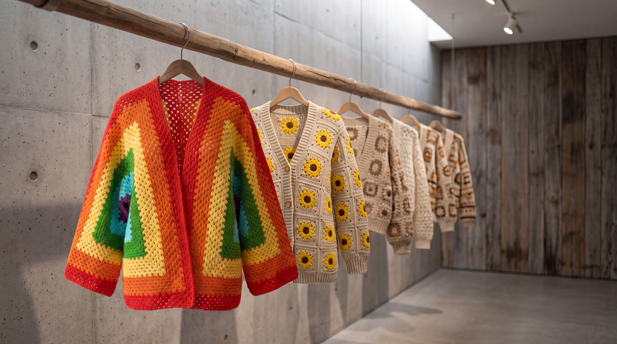 A short rail of finished handmade cardigans, each one different