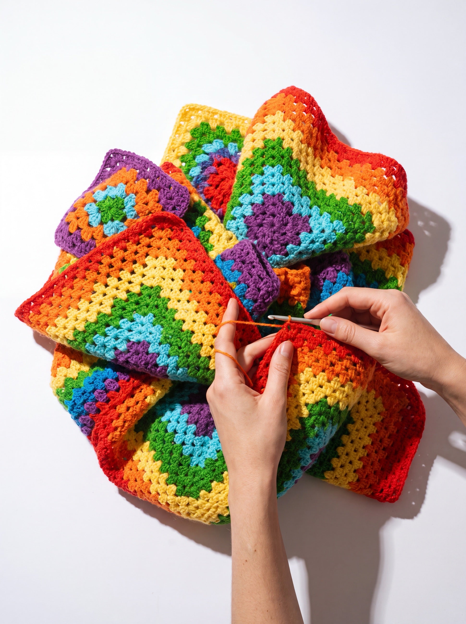 Overhead view of rainbow granny squares being joined by hand