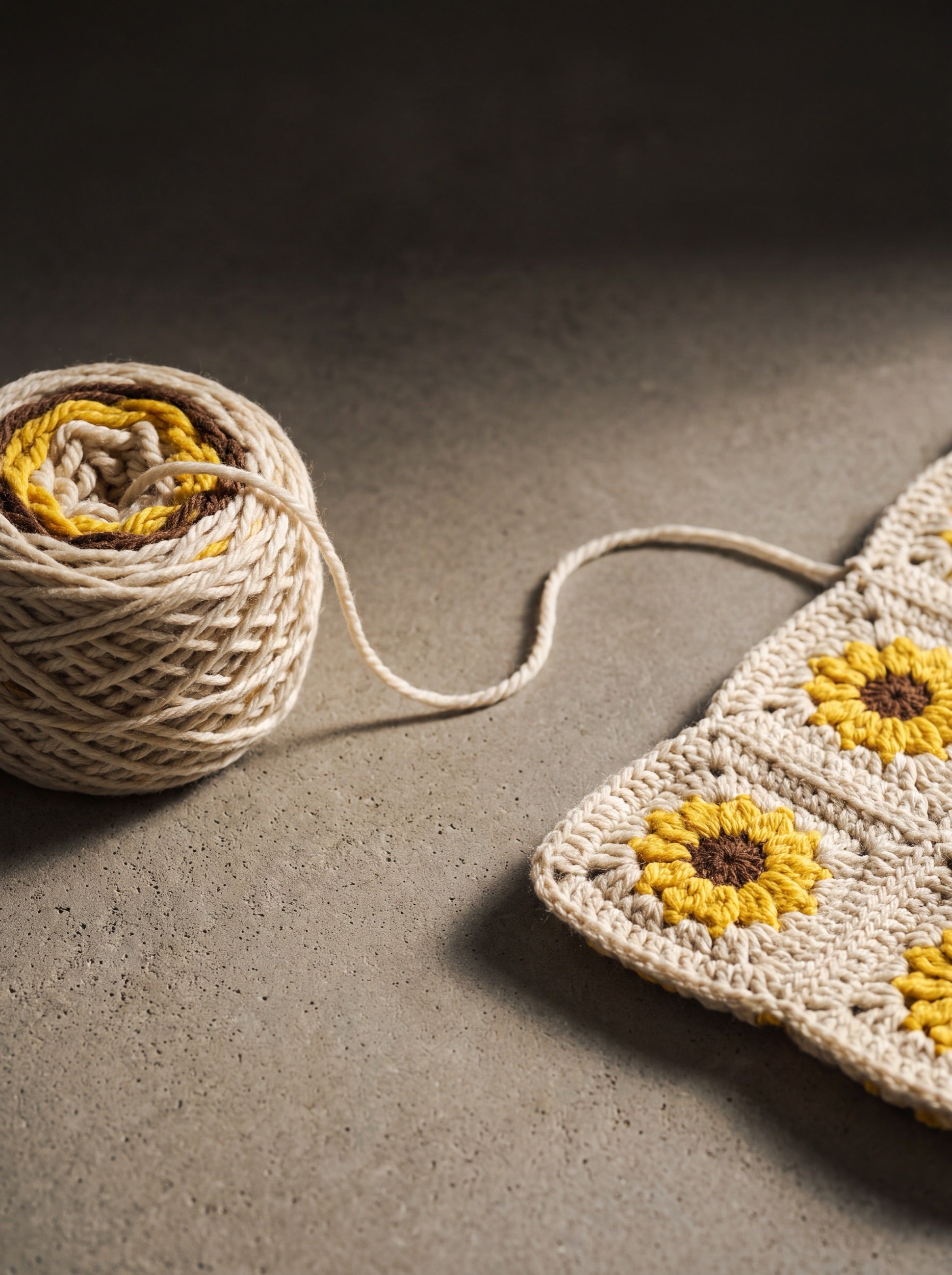 A ball of yarn unwinding into finished sunflower granny squares on stone
