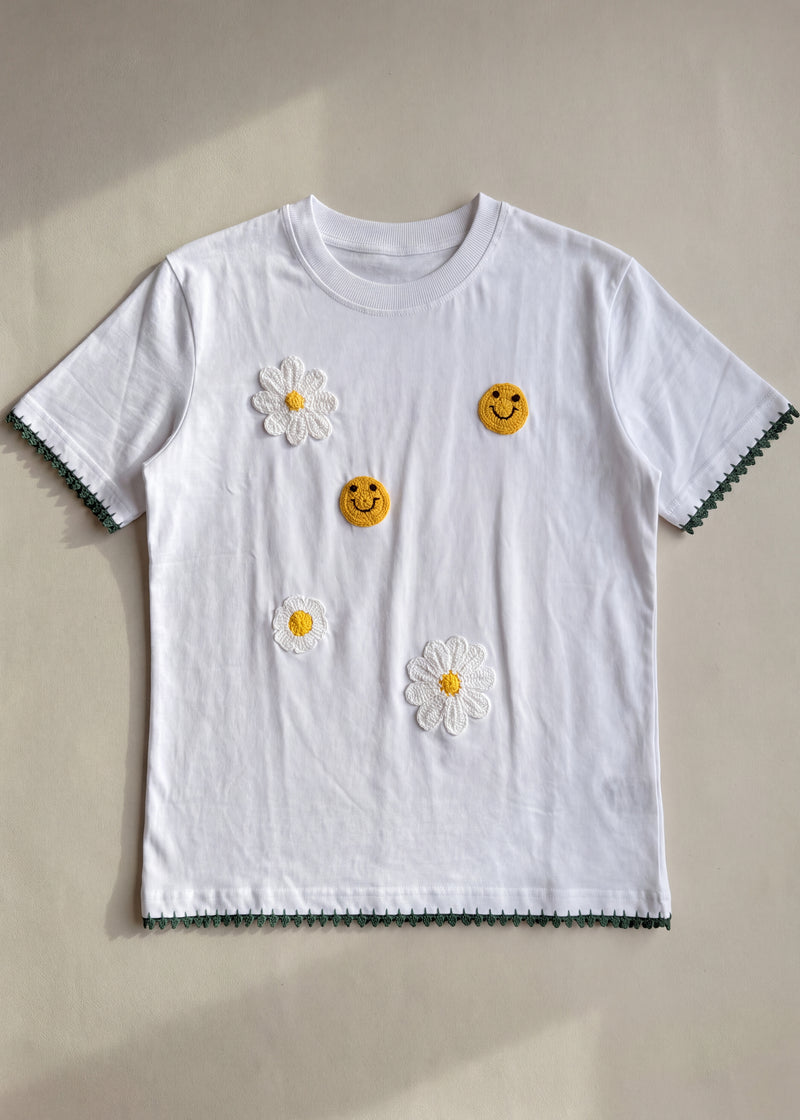 Handmade organic cotton t-shirt with crochet accents by Ana Chic