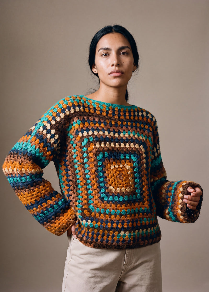 Teal Chunky Wool Jumper worn by a model, showing the wide sleeves and relaxed fit — handmade by Ana Chic
