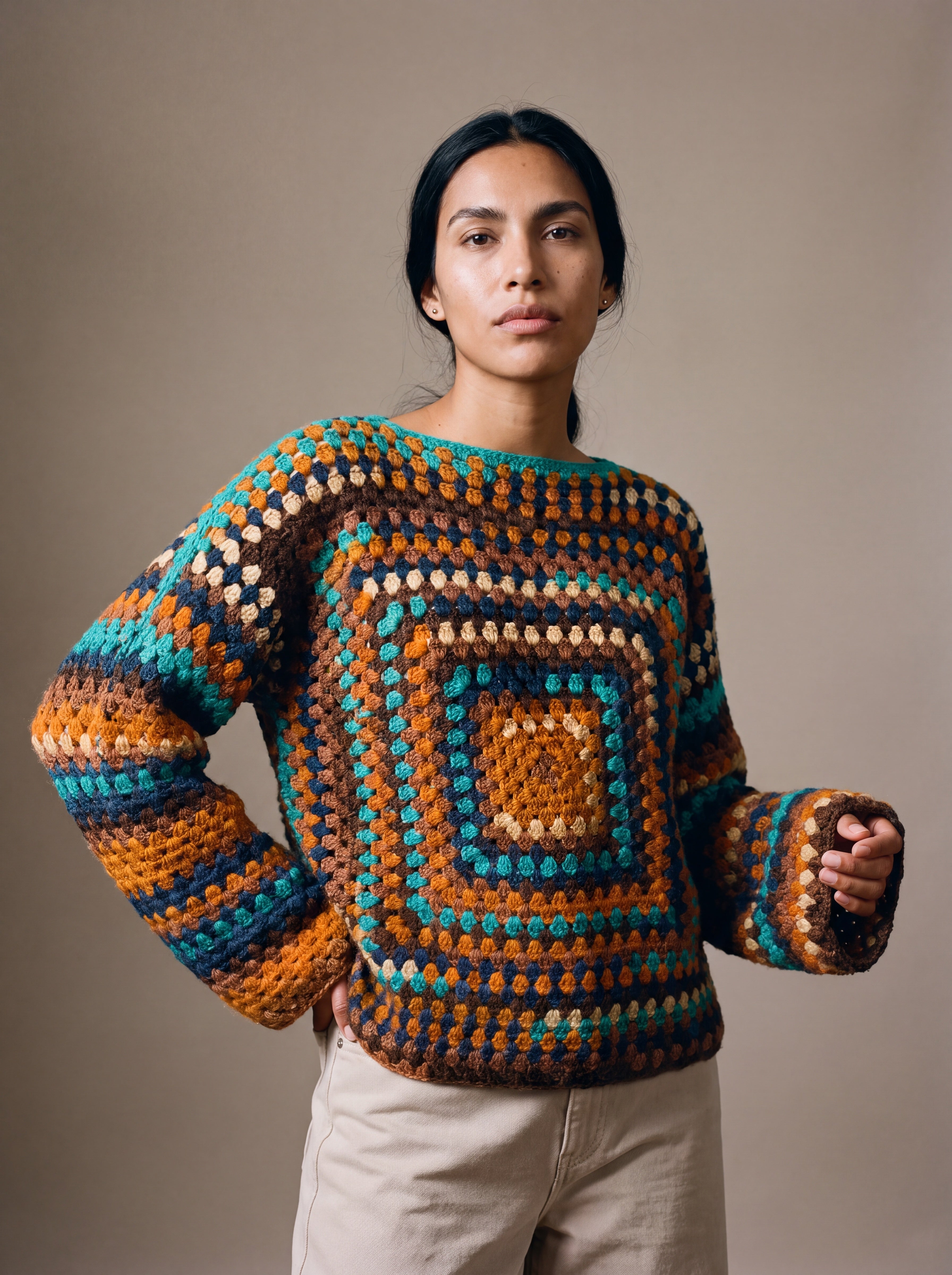 Teal Chunky Wool Jumper worn by a model, showing the wide sleeves and relaxed fit — handmade by Ana Chic