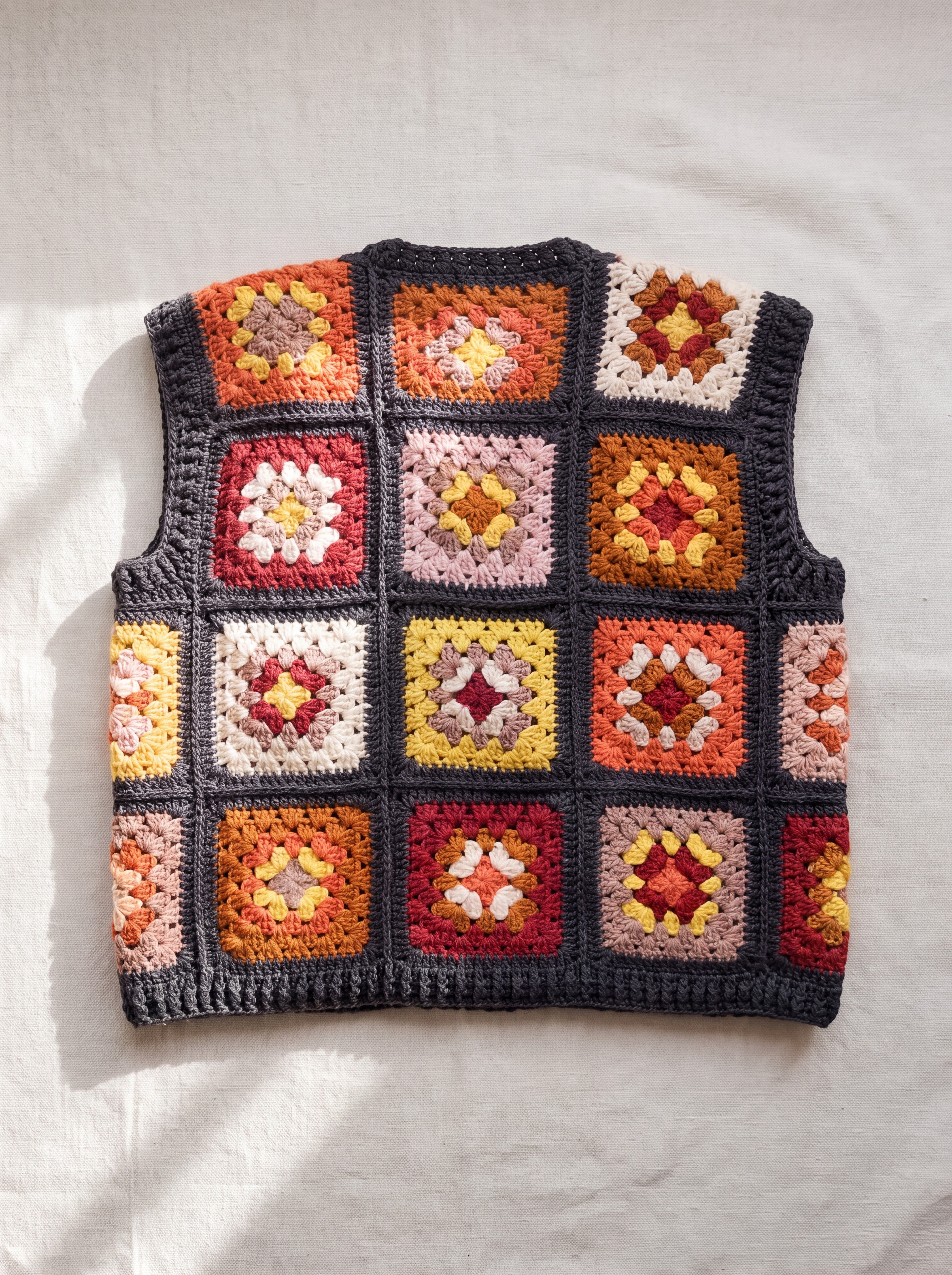 Terracotta granny square crochet vest, back, laid flat on linen