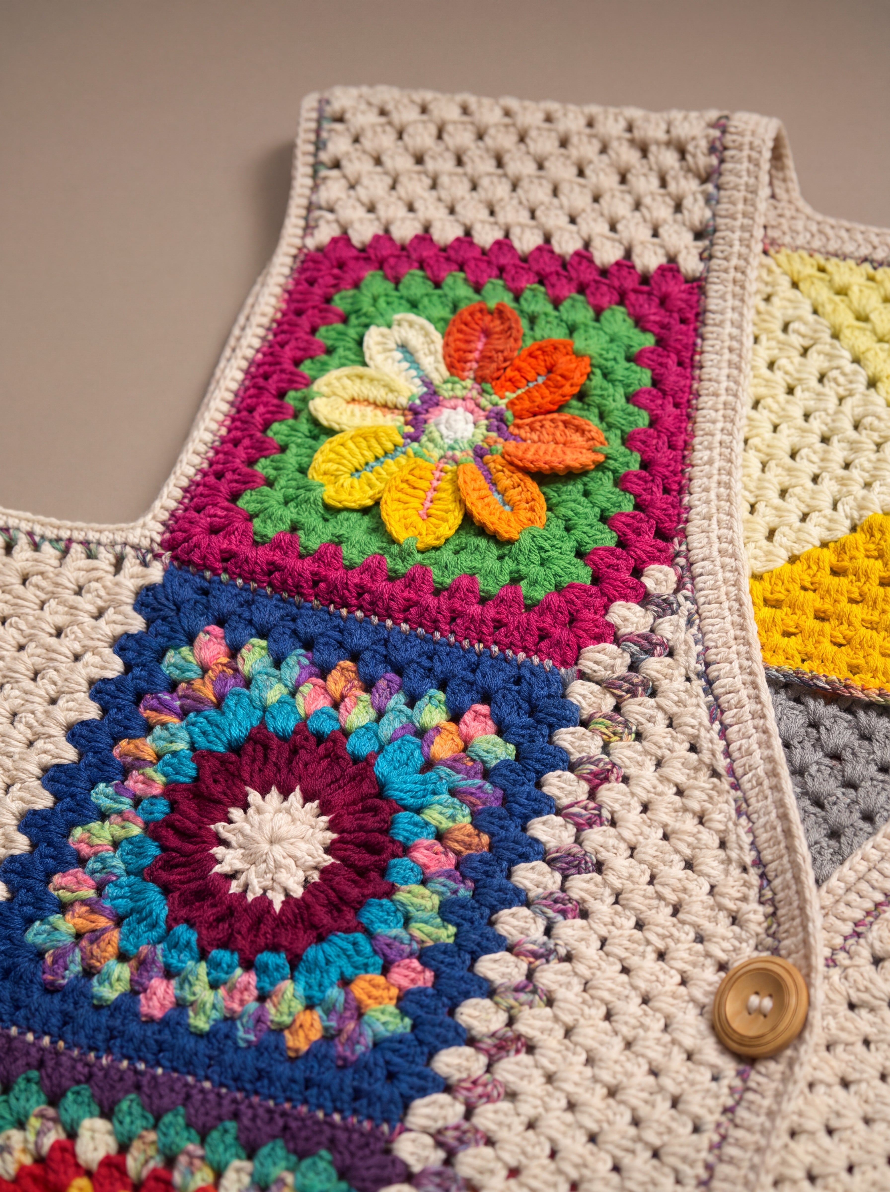 Close-up of the Pinwheel Vest: hand-crocheted squares, each one a different design