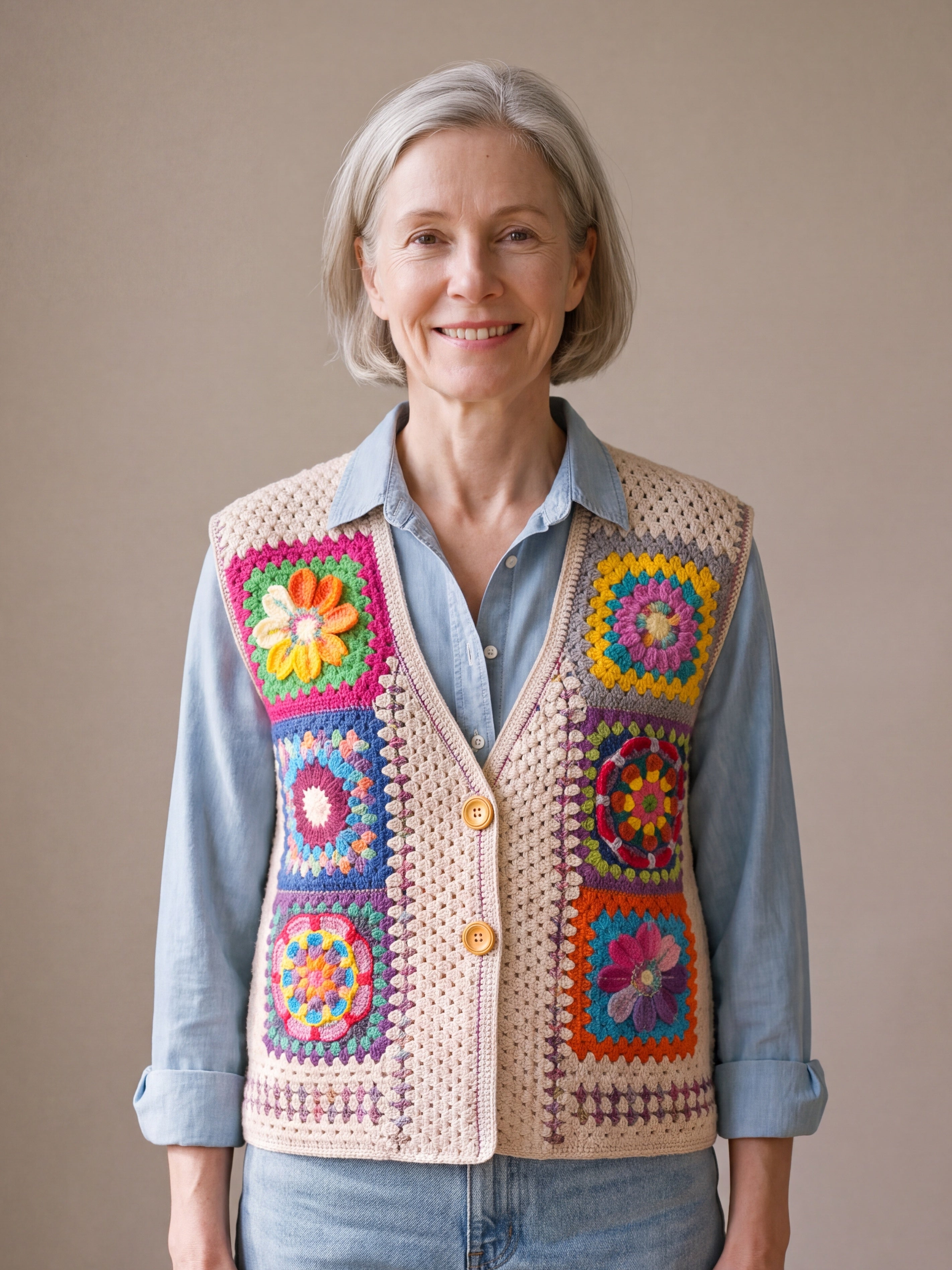 Woman wearing the Pinwheel Vest, a handmade granny square crochet vest, over a pale blue chambray shirt and light jeans