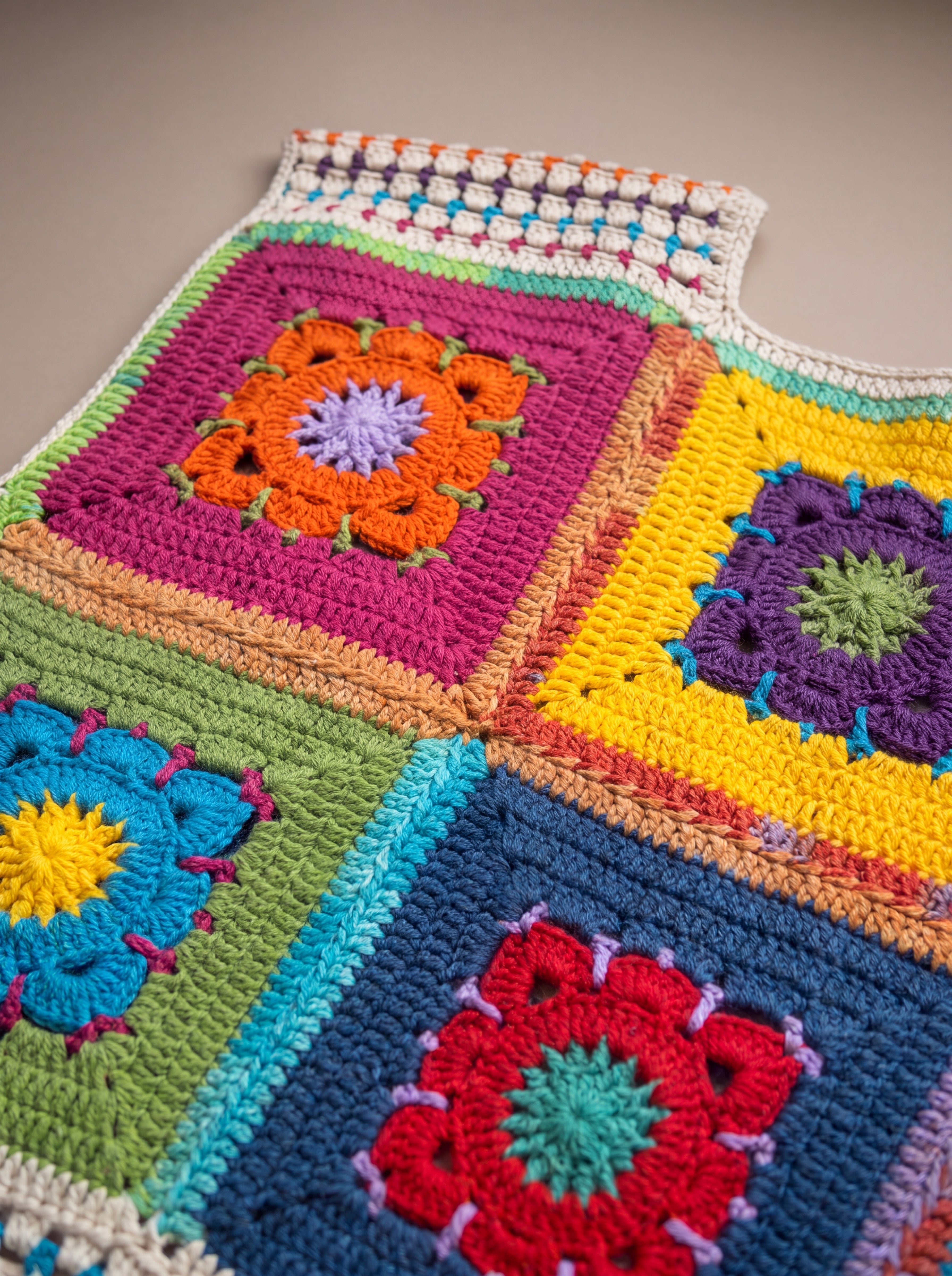 Close-up of the Confetti Vest: hand-crocheted squares, each one a different design