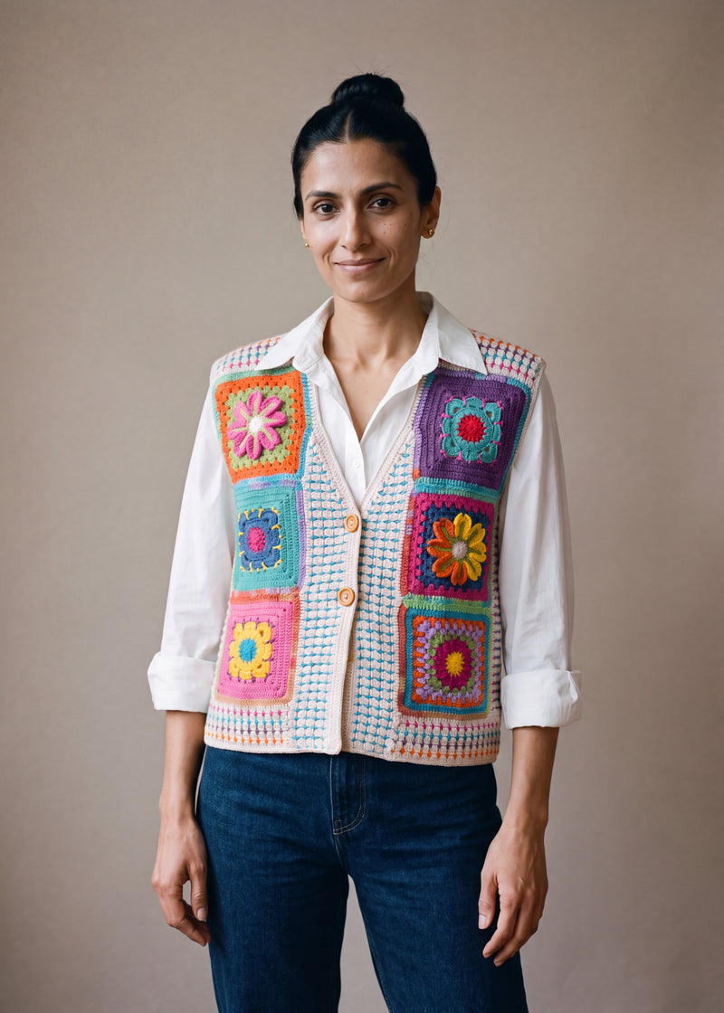 Woman wearing the Confetti Vest, a handmade granny square crochet vest, over a white shirt and dark jeans