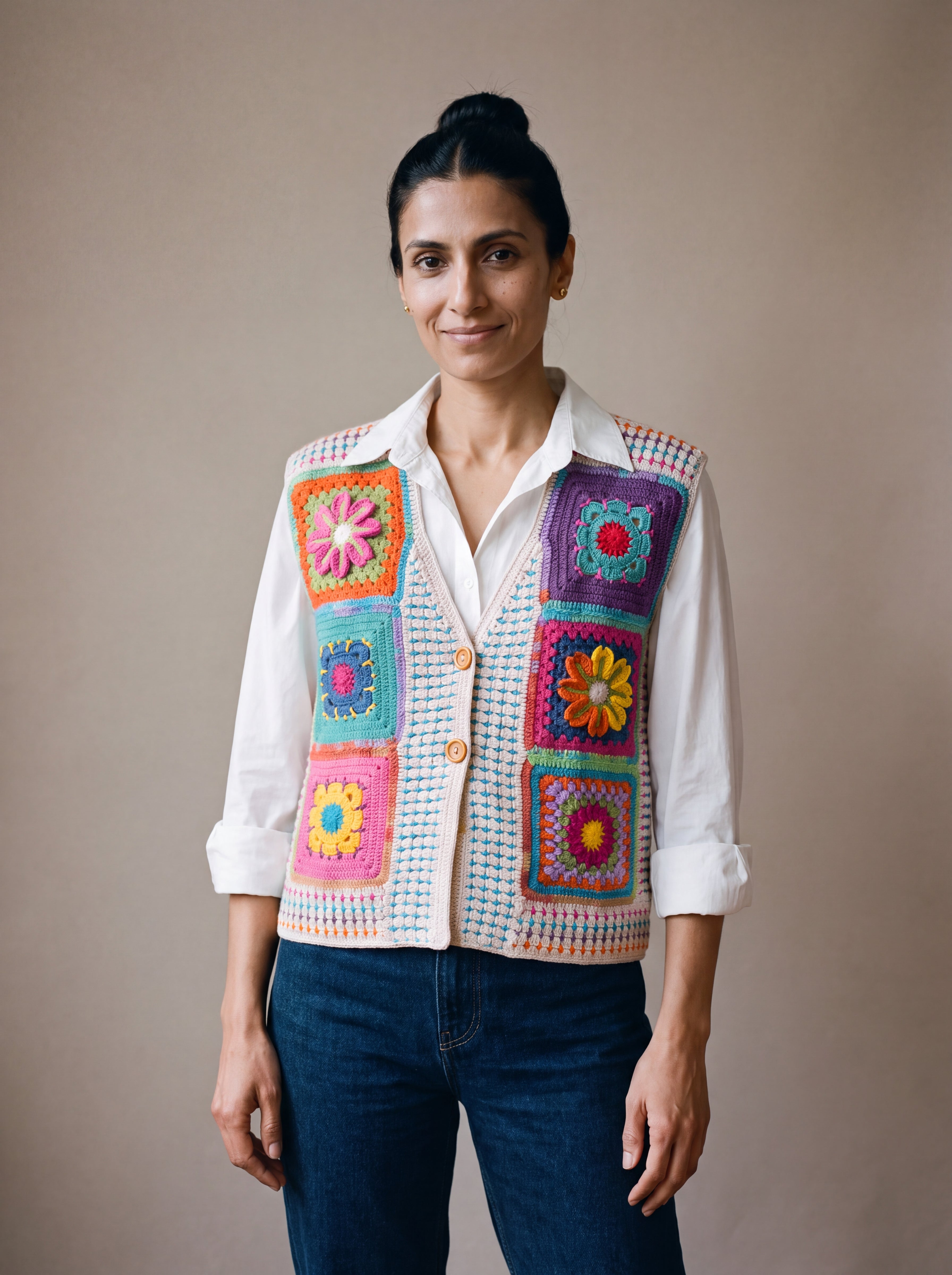 Woman wearing the Confetti Vest, a handmade granny square crochet vest, over a white shirt and dark jeans