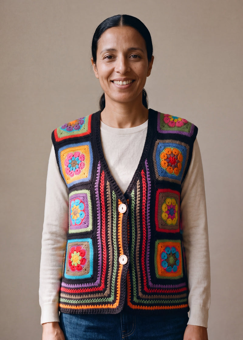 Woman wearing the Electra Vest, a handmade granny square crochet vest, over an oatmeal knit top and dark jeans