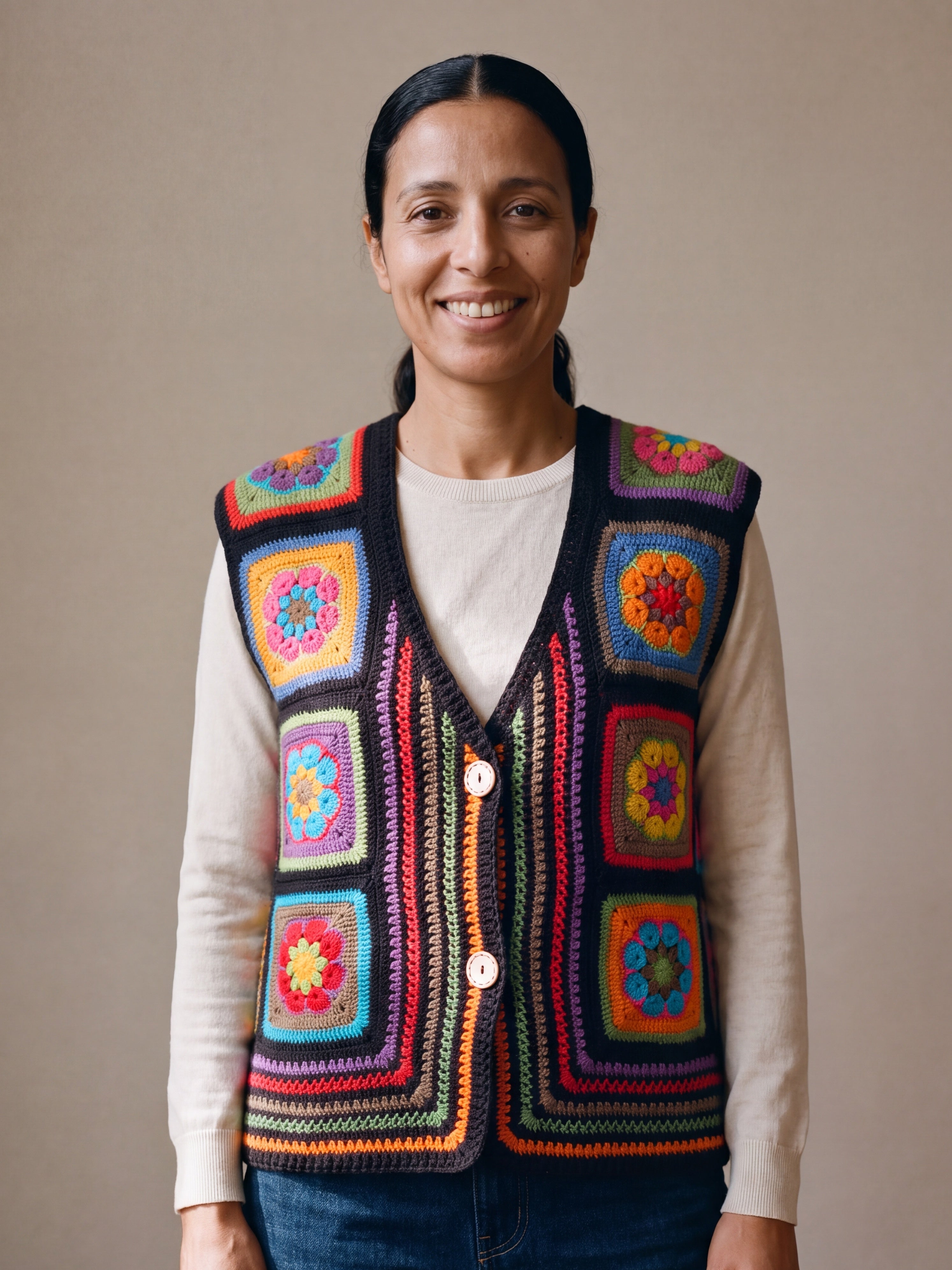 Woman wearing the Electra Vest, a handmade granny square crochet vest, over an oatmeal knit top and dark jeans