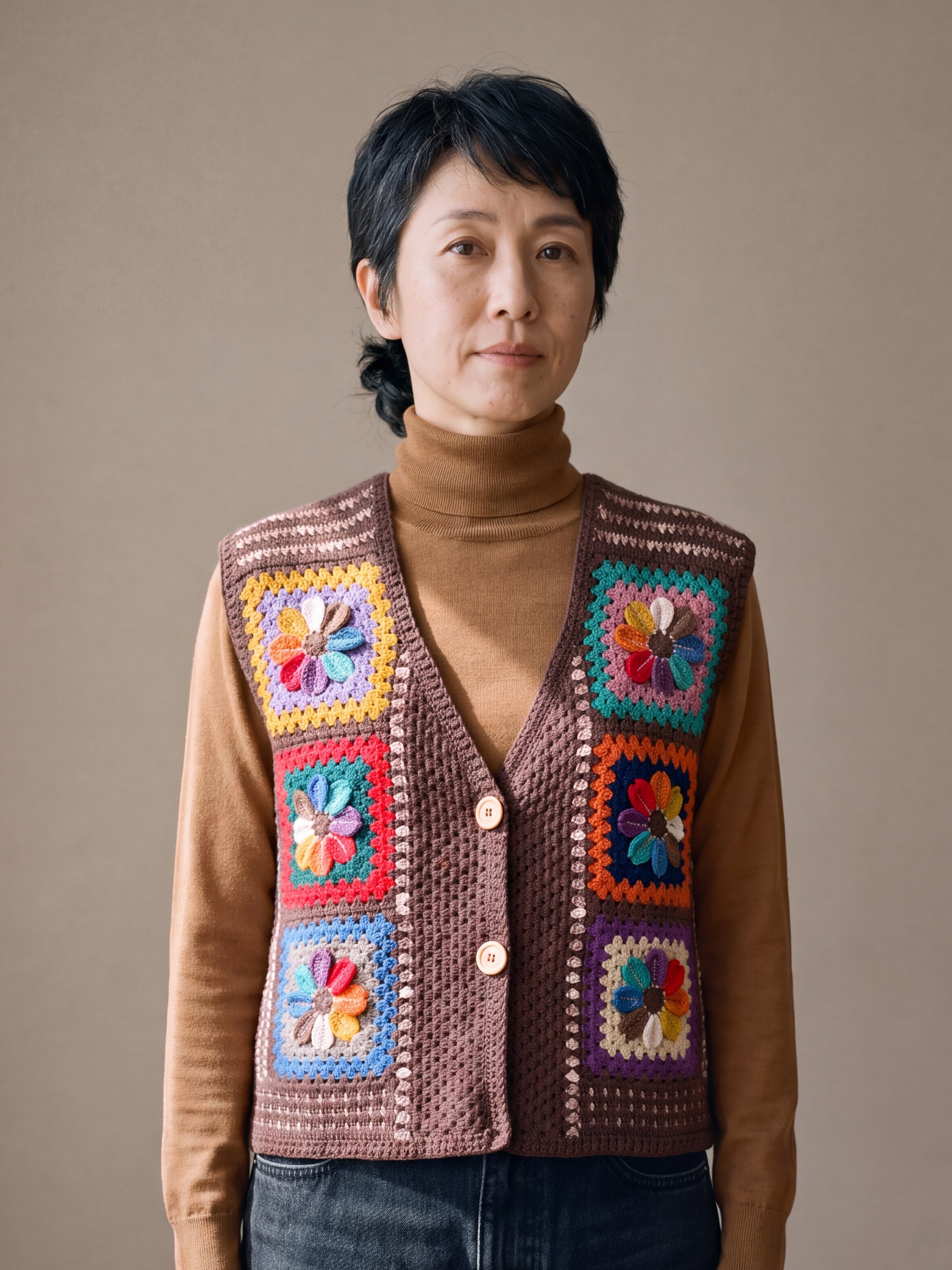 Woman wearing the Bracken Vest, a handmade granny square crochet vest, over a camel roll-neck and dark jeans
