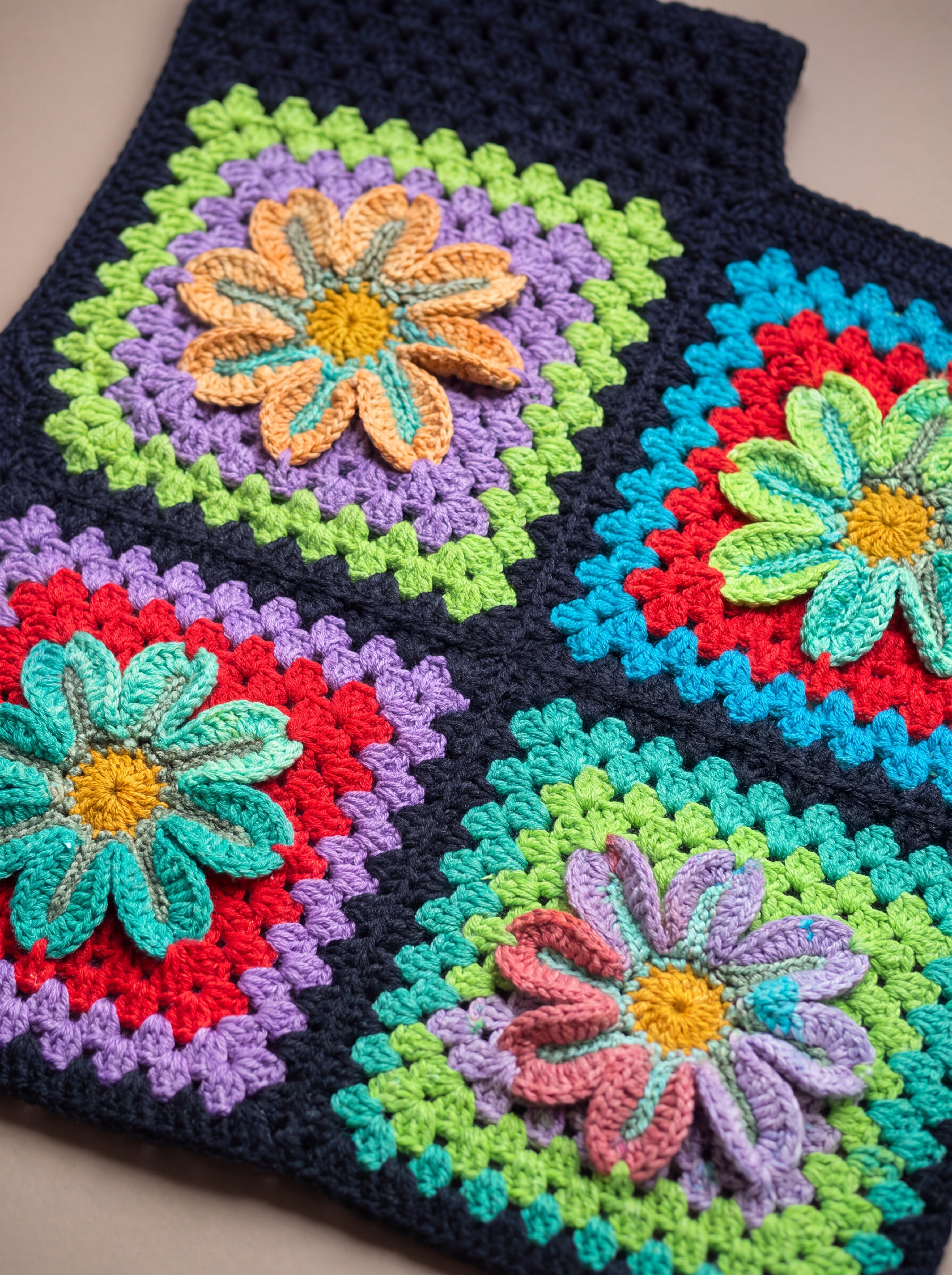 Close-up of the Moonflower Vest: hand-crocheted squares, each one a different design
