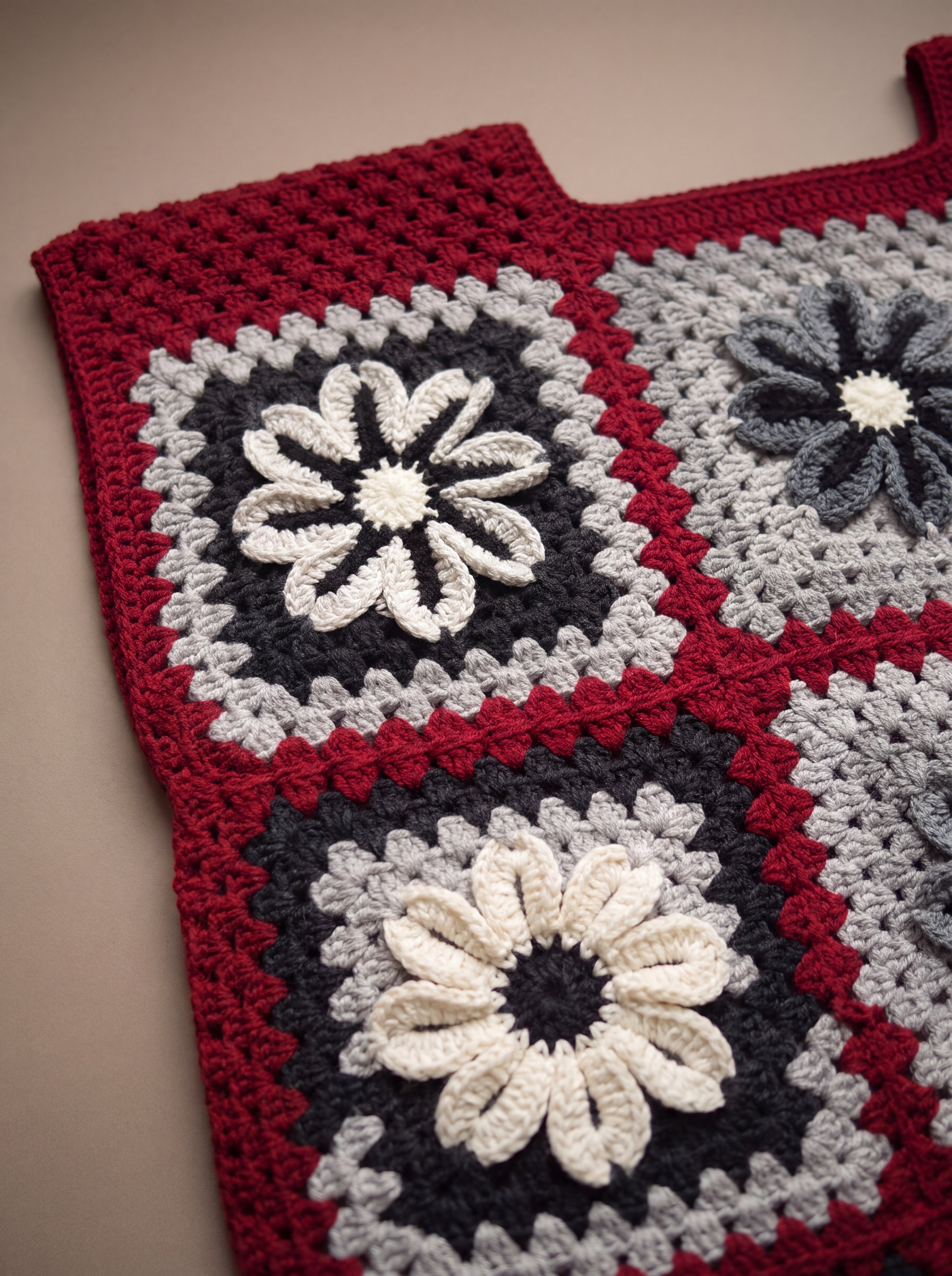Close-up of the Cinder Vest: hand-crocheted squares, each one a different design