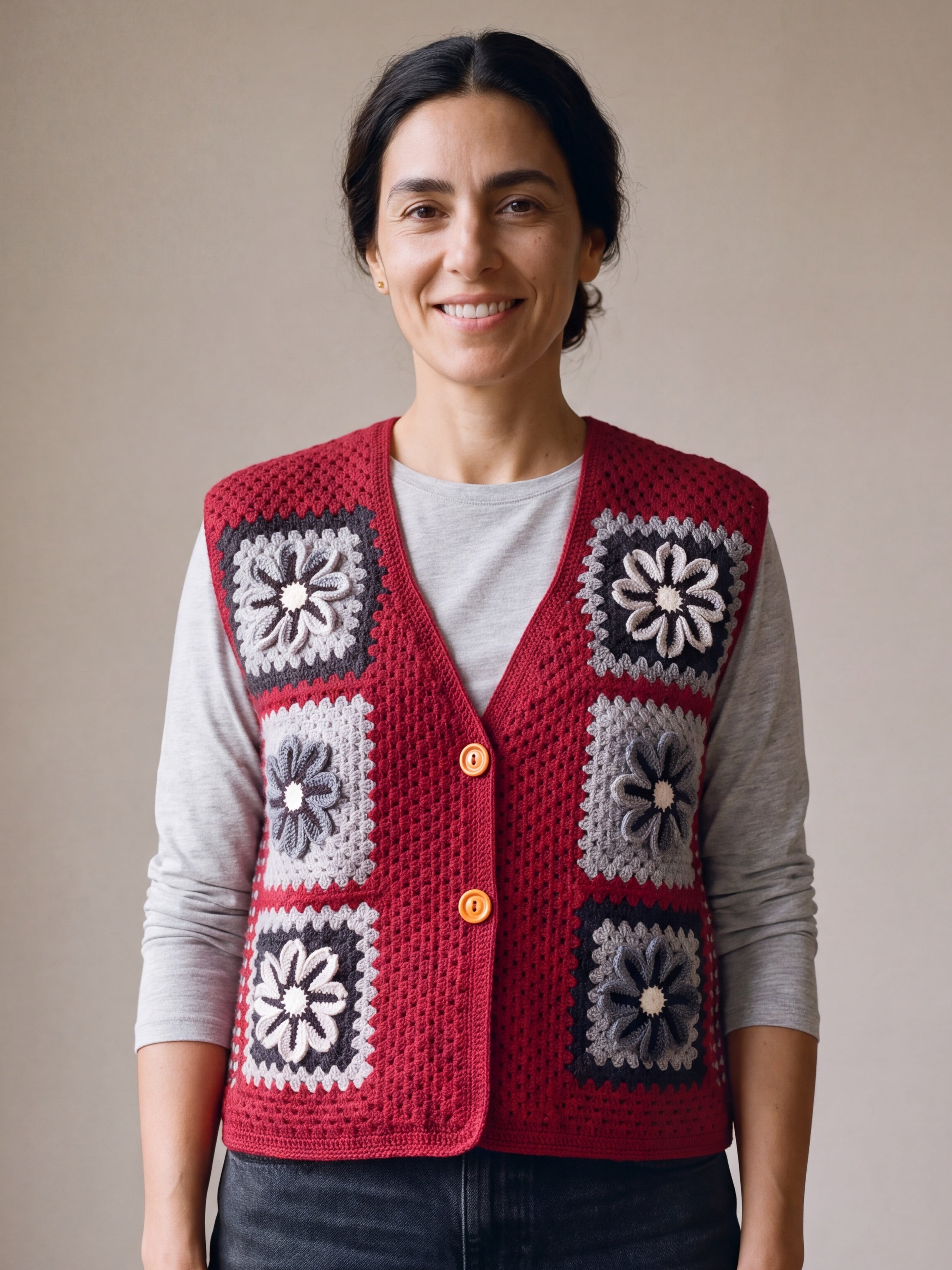 Woman wearing the Cinder Vest, a handmade granny square crochet vest, over a light grey t-shirt and black jeans